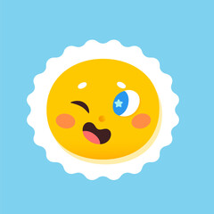 Yellow winking sun with funny face, cute smiling emoji with eye closed and sunshine