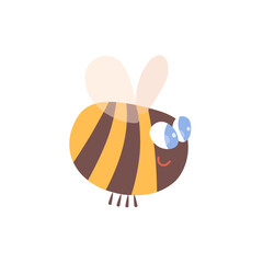 Funny bee flying, cute baby bumblebee character with happy face, yellow and black stripes