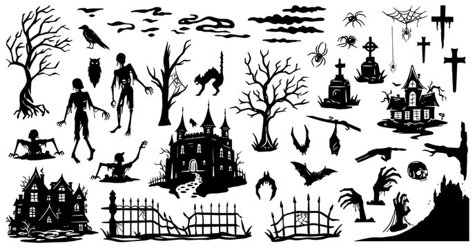 Halloween set of elements with zombie, skeleton hands, bat, cat and tree. Fear collection of halloween elements with cross, grave, cemetery, fence and tombstone for holiday design
