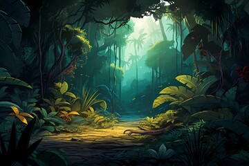 Fantasy Pathway Through A Dense Forest.Moonlight shines.Fantasy Backdrop Concept Art Realistic Illustration Video Game Background Digital Painting CG Artwork Scenery Artwork Serious Book Illustration. - 633256139