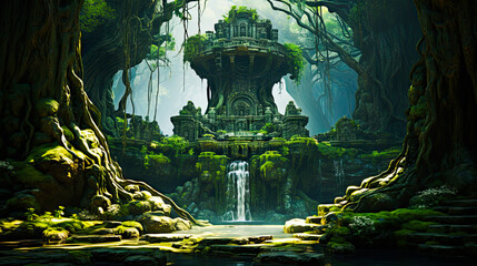 Mystic ancient temple with a waterfall in the middle of the forest, lights and misty atmosphere