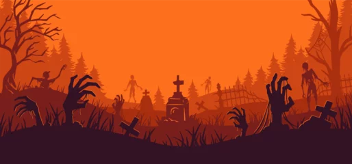 Fotobehang Halloween background with zombie hand and skeleton hand, cemetery for holiday poster. Creepy and mystical background with cross, grave, tombstone and dead man for dark fear october design © Casoalfonso