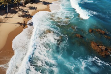 Top view of drone shot, sandy beach, palm leaves and waves landscapes.