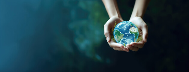 Woman hand holding earth, save planet, earth day, sustainable living, ecology environment, climate emergency action, world environment day concept, illustration for global warming content