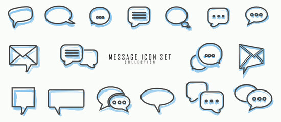 Massage icon set collection. Double outline, duotone color. Chat, speak bubble, comunication symbols with brushed line art.