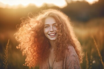 Girl smiling field hair. Generate Ai