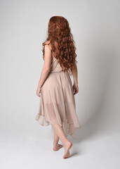 Full length portrait of beautiful  female model with long  brunette hair wearing a creamy pink gown...