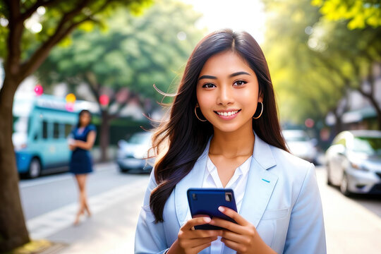 Close-up business woman smiling with smart mobile phonem in hand.