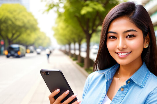 Close-up business woman smiling with smart mobile phonem in hand.