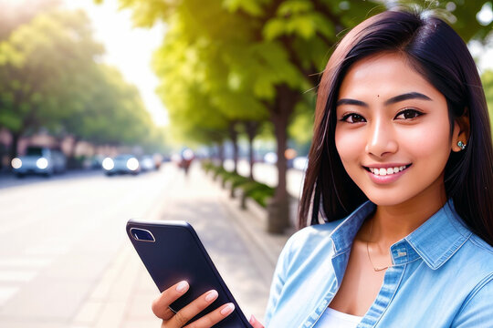 Close-up business woman smiling with smart mobile phonem in hand.
