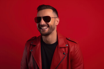 Fototapeta premium stylish portrait.Handsome young man in a leather jacket and sunglasses on a red background. Generative AI