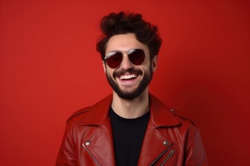 stylish portrait.Handsome young man in a leather jacket and sunglasses on a red background. Generative AI