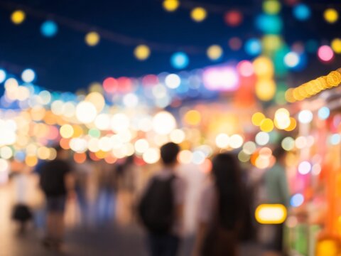 Blur image of street food at night market, blur background with bokeh