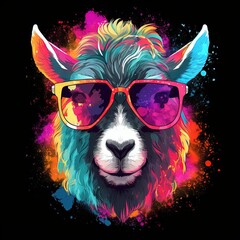 Goat face wearing sunglasses, watercolor, colorful illustration. AI generated