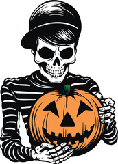 Skeleton holding a pumpkin halloween, Happy Halloween Vector Illustration, SVG