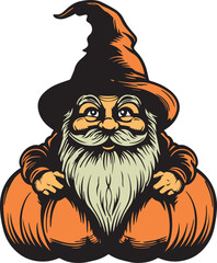 Autumn Gnome in a witch hat holding Pumpkin, Halloween Gnome holding Pumpkin, Vector illustration, SVG