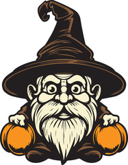 Autumn Gnome in a witch hat holding Pumpkin, Halloween Gnome holding Pumpkin, Vector illustration, SVG