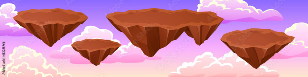 Wall mural land island floating in pink sky game vector illustration. cartoon level with empty ground platform 
