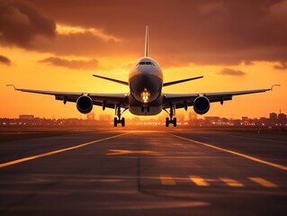 Fototapeta premium A large jetliner taking off or dawn from an airport runway at sunset generative ai
