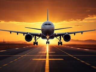 A large jetliner taking off or dawn from an airport runway at sunset generative ai