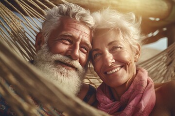 Retired traveling couple hammock. Generate Ai