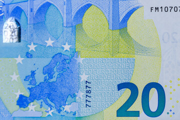 Closeup of the european union twenty euro banknote