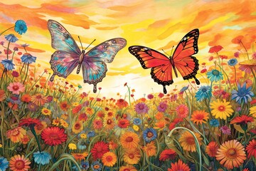 Fototapeta premium Graceful Butterflies Amidst a Field of Wildflowers: A Rainbow of Wings, generative AI