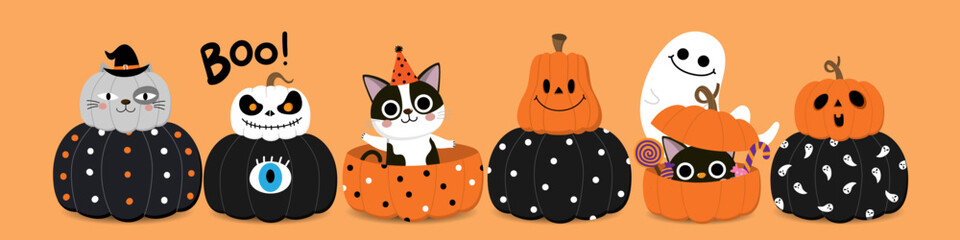 Happy halloween greeting card with cute cat, ghost and decorated pumpkin. Holidays cartoon character. -Vector