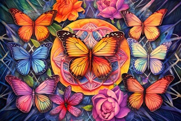 Graceful Butterflies Dancing Amidst a Kaleidoscope of Blooms: Vibrant Rainbow Winged Butterfly Drawing, generative AI