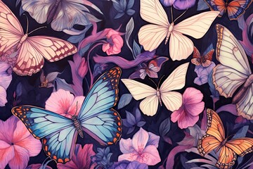Fototapeta na wymiar Graceful Butterflies Dancing among Blossoms: A Stunning Butterfly Drawing with Dazzling Amethyst and Topaz Wings, generative AI