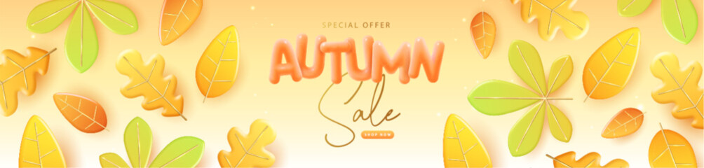 Autumn big sale poster with 3D orange falling autumn leaves. Autumn seasonal background. Vector illustration