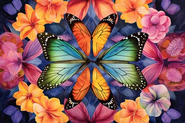 Graceful Butterflies Fluttering Amidst a Kaleidoscope of Blossoms: Mesmerizing Rainbow Shades on Vibrant Wings, generative AI