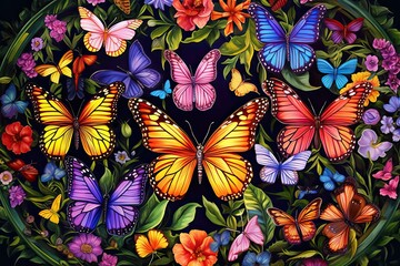 Graceful Butterflies Fluttering Amongst a Kaleidoscope of Blooms: Spectacular Rainbow-Hued Winged Beauty, generative AI