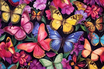 Fototapeta na wymiar Graceful Butterflies: Fluttering Amongst a Rainbow of Blossoms with Luminescent Wings, generative AI