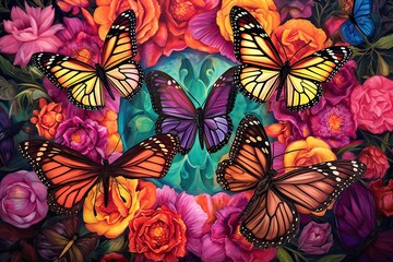 Graceful Butterflies Fluttering Amongst a Kaleidoscope of Blooms: A Dazzling Rainbow of Painted Wings, generative AI