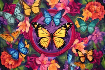 Graceful Butterflies Fluttering Amongst a Kaleidoscope of Blooms: Wings Painted in Dazzling Rainbow Hues - Butterfly Drawing Inspiration, generative AI