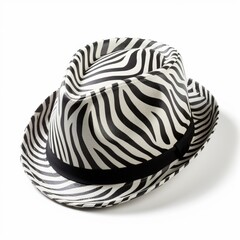Fedora hat with zebra print black and white isolated on white background