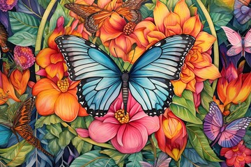 Fototapeta na wymiar Graceful Butterflies Fluttering Amongst a Kaleidoscope of Blooms: Rainbow-Hued Wings in Stunning Butterfly Drawing, generative AI