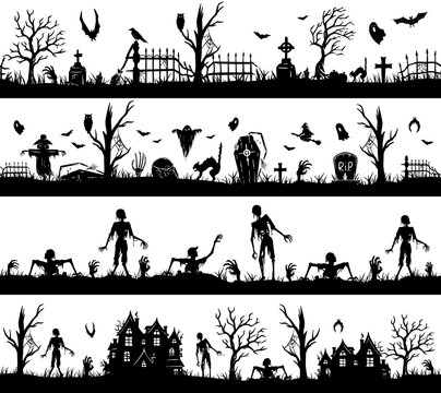 Set of halloween seamless panoramas with halloween silhouette of apocalypse, cemetery elements for fear holiday background