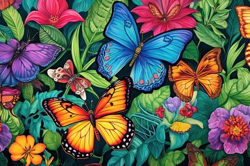 Whimsical Wings: Butterflies Fluttering Among Lush Garden Blooms in a Magical Tapestry, generative AI