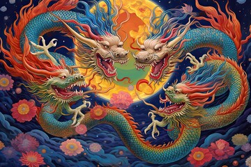 Obraz premium Chinese Dragon Drawing: Captivating Celestial Serpents Bring Lunar Festival to Life with Intricate Patterns and Bold Colors, generative AI