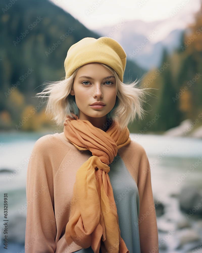 Wall mural A vibrant young woman stands confidently outdoors in her fashionable yellow hat and scarf, embracing the beauty of the mountain air, high end autumn fashion models