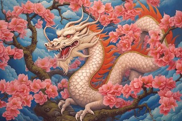 Fototapeta premium Cherry Blossoms and Shimmering Colors: Embracing the Enchantment of Chinese Dragon Drawings, generative AI