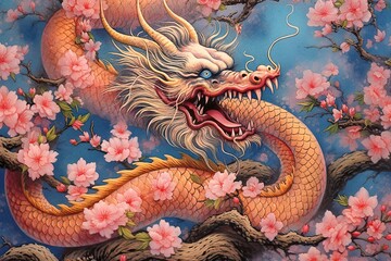 Enchanting Chinese Dragon: Scale Colors Shimmering in Harmony Amidst Cherry Blossoms, generative AI