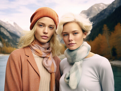 Two stylishly dressed women stand in the snow-covered mountains, exuding confidence and strength as they pose for a fashion-forward picture, enveloped by a winter sky, high end autumn fashion models