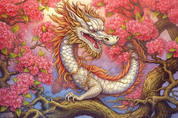 Fototapeta premium Enchanting Chinese Dragon: Dancing Amidst Cherry Blossoms with Rainbow Scales Gleaming in the Sunlight, generative AI