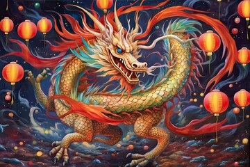 Obraz premium Enchanting Chinese Dragon Dance Amidst Festive Lanterns: A Spectacle of Harmonizing Scale Colors and Light, generative AI