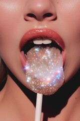 A closeup of attractive seductive woman with luscious lips coated in lipstick, her eyes seductively framed by long eyelashes as she sensually enjoys a lollipop