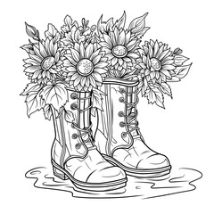 coloring page.Sunflowers in boots.Autumn composition for coloring, black and white linear illustration