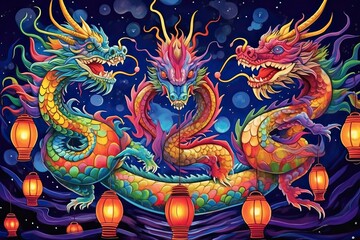 Obraz premium Awe-Inspiring Chinese Dragon Festival: Vibrant Lanterns Illuminate the Night Sky in a Kaleidoscope of Colors, generative AI